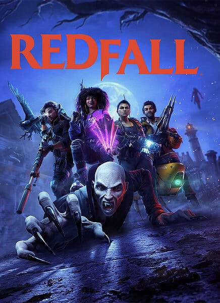 Redfall Spiel Cover mit Charakteren in actionreicher Szene.