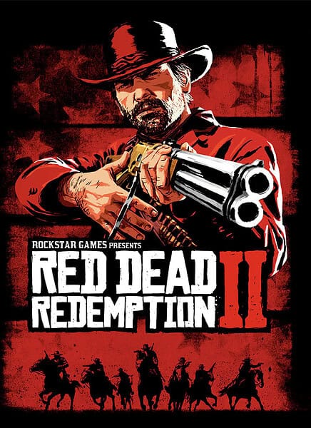 Illustration eines Cowboys mit Revolver, "Red Dead Redemption II" Logo, Western-Design.