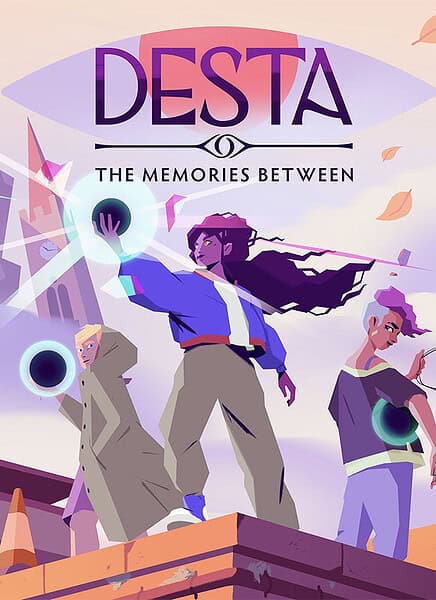 DESTA Spielcover mit drei Charakteren, futuristische Atmosphäre, kreative Gestaltung.