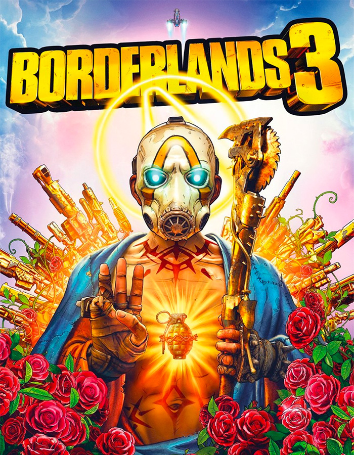 Borderlands 3 Spielcover mit futuristischem Charakter und Waffen.