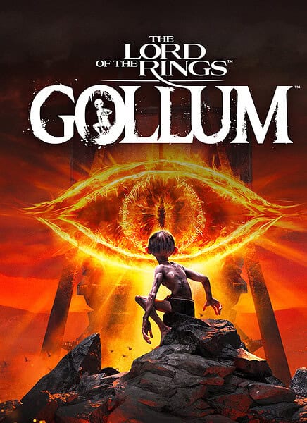 Gollum aus Herr der Ringe vor einem feuerglühenden Hintergrund.