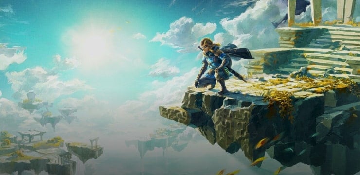 Virtueller Charakter auf einer Plattform in der Luft, Himmel im Hintergrund.