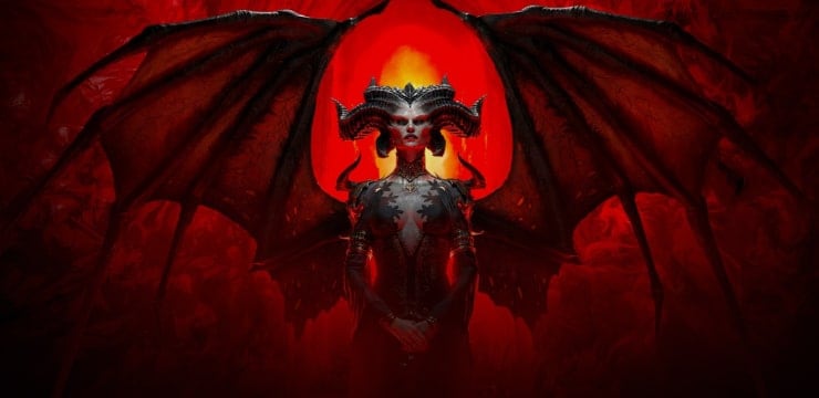 Dämonenartige Kreatur mit Flügeln vor rotem Hintergrund.